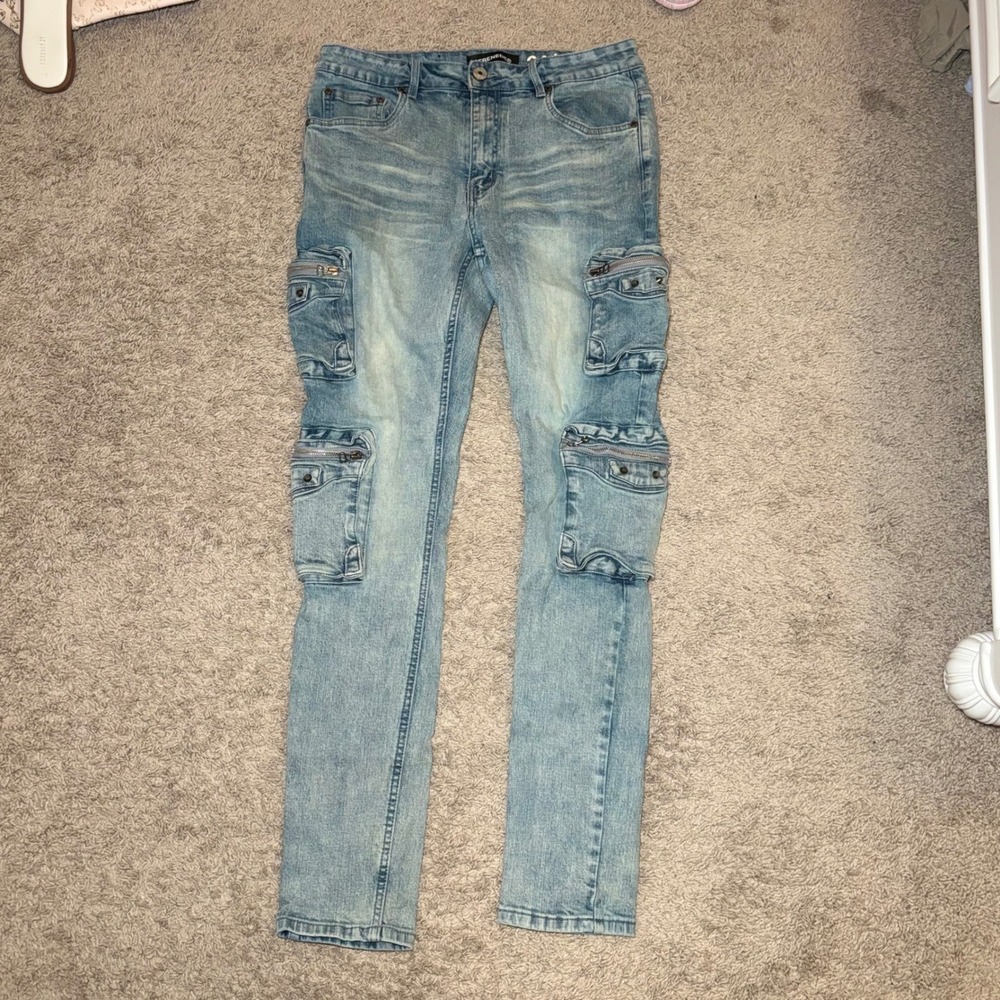 Serenede Mens Fitted Denim Cargo Jeans Light Wash Blue Slim Utility Pants 34
